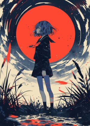 Melancholic Sunset: A Girl's Silhouette - Premium Wooden Framed Poster. Ready to Hang.