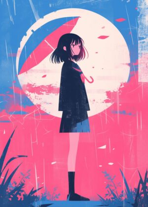 Melancholy Under the Moon: A Rainy Day Illustration - Premium Wooden Framed Poster. Ready to Hang.