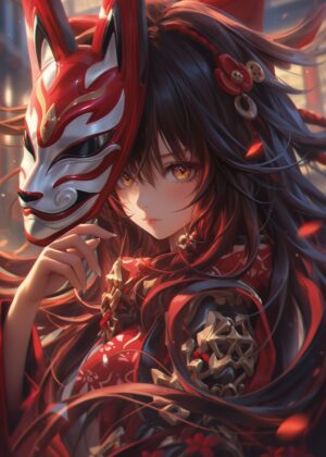 Anime Fox Samurai Girl Art Print - Premium Wooden Framed Poster. Ready to Hang.