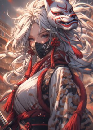 Anime Girl Warrior: Fierce Beauty in Traditional Attire - Premium Wooden Framed Poster. Ready to Hang.