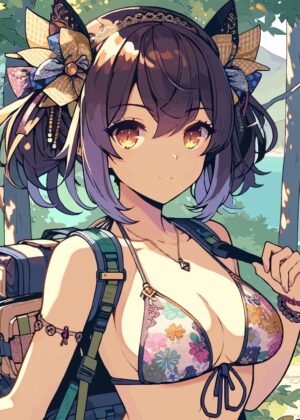 Anime Girl Hiking Adventure - Premium Wooden Framed Poster. Ready to Hang.