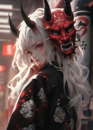 Cute Demon Girl Anime Art Print - Premium Wooden Framed Poster. Ready to Hang.