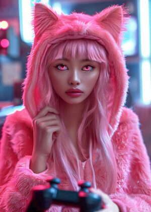 Cyberpunk Anime Cat Girl Gamer - Premium Wooden Framed Poster. Ready to Hang.