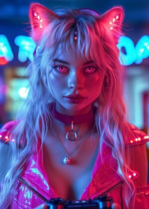 Neon Dreams: Cyberpunk Catgirl Gamer - Premium Wooden Framed Poster. Ready to Hang.