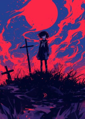 Crimson Eclipse: A Girl Stands Alone - Premium Wooden Framed Poster. Ready to Hang.