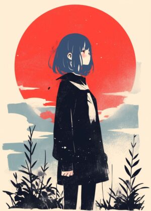 Melancholy Sunset: Anime Girl Artwork - Premium Wooden Framed Poster. Ready to Hang.
