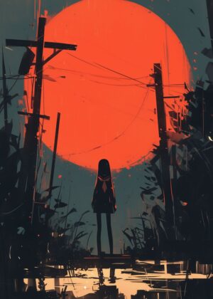 Crimson Eclipse: A Girl's Silhouette Against a Blood-Red Sun - Premium Wooden Framed Poster. Ready to Hang.