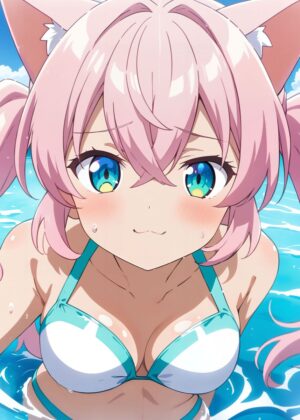 Anime Girl Beach Day Illustration - Premium Wooden Framed Poster. Ready to Hang.