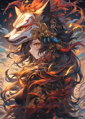 Fiery Kitsune Anime Girl Art Print - Premium Wooden Framed Poster. Ready to Hang.