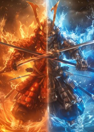 Fiery & Icy Samurai: A Dual-Element Warrior Print - Premium Wooden Framed Poster. Ready to Hang.
