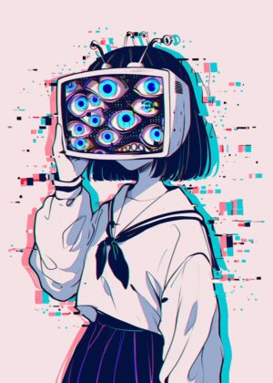 Weirdcore Gothic Anime Girl Art Print - Premium Wooden Framed Poster. Ready to Hang.