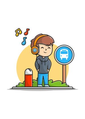 Happy Boy Listening to Music at the Bus Stop - Premium Wooden Framed Poster. Ready to Hang.