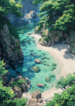 Serene Anime Beach Cove: High-Resolution Digital Art Print - Premium Wooden Framed Poster. Ready to Hang.