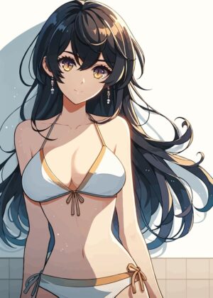 Anime Girl in Bikini Against a Wall - Premium Wooden Framed Poster. Ready to Hang.