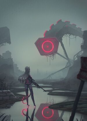 Rainy Day Sci-Fi Scene Featuring a Female Character - Premium Wooden Framed Poster. Ready to Hang.