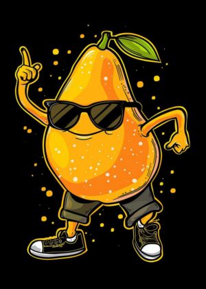 Groovy Mango: A Funky Fruit Illustration - Premium Wooden Framed Poster. Ready to Hang.