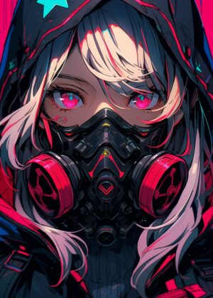 Cyberpunk Anime Girl Mask: Digital Art Print - Premium Wooden Framed Poster. Ready to Hang.