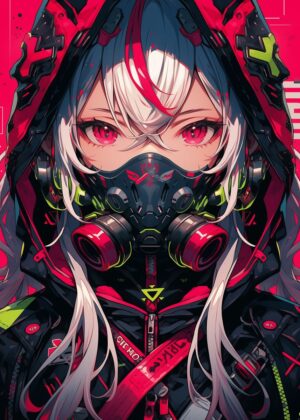 Cyberpunk Anime Girl Mask: Digital Art Print - Premium Wooden Framed Poster. Ready to Hang.