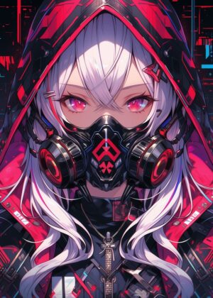 Cyberpunk Anime Girl Mask: Digital Art Print - Premium Wooden Framed Poster. Ready to Hang.