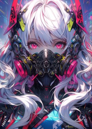 Cyberpunk Anime Girl with Mask: Digital Art Print - Premium Wooden Framed Poster. Ready to Hang.