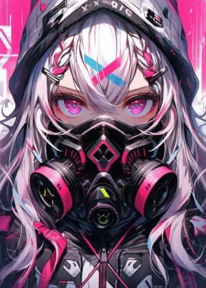 Cyberpunk Anime Girl with Gas Mask: High-Quality Art Print - Premium Wooden Framed Poster. Ready to Hang.