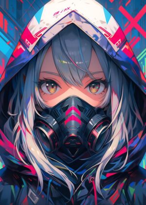 Cyberpunk Anime Girl with Gas Mask: High-Quality Digital Art Print - Premium Wooden Framed Poster. Ready to Hang.