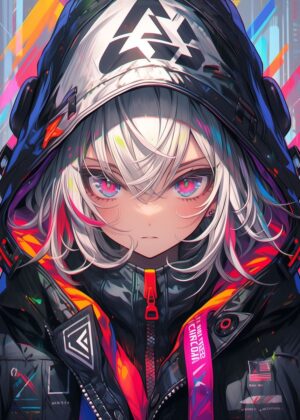 Cyberpunk Anime Girl: Neon Dreams - Premium Wooden Framed Poster. Ready to Hang.