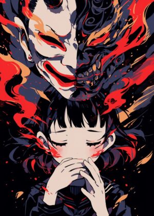 Abnormal Core: Dual Mask Anime Art Print - Premium Wooden Framed Poster. Ready to Hang.