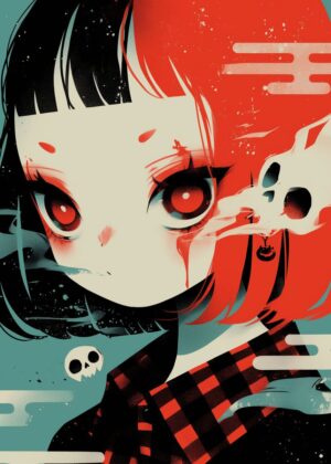 Abnormal Core: Red and Black Anime Girl Art Print - Premium Wooden Framed Poster. Ready to Hang.