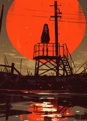 Crimson Sunset Solitude: A Digital Art Print - Premium Wooden Framed Poster. Ready to Hang.
