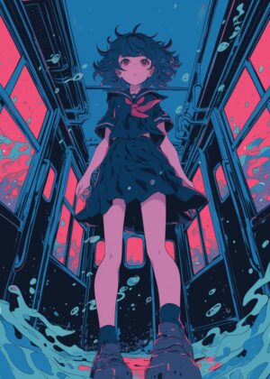 Abnormal Core: Anime Girl in a Surreal Train Setting - Premium Wooden Framed Poster. Ready to Hang.