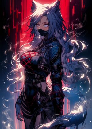Catgirl Ninja: Fierce Anime Art Print - Premium Wooden Framed Poster. Ready to Hang.