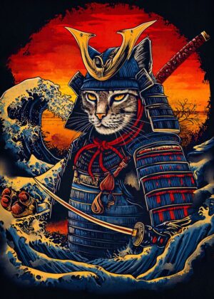 Japanese Samurai Cat: A Fierce Warrior in the Waves - Premium Wooden Framed Poster. Ready to Hang.