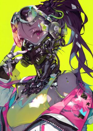 Neon Goddess: Cyberpunk Art Print - Premium Wooden Framed Poster. Ready to Hang.
