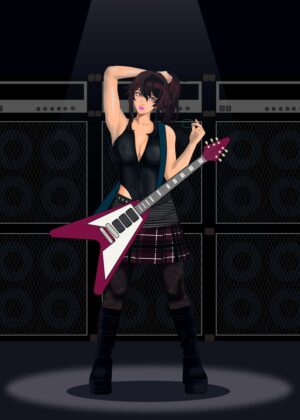 Rockstar Queen: Anime Girl Guitarist Art Print - Premium Wooden Framed Poster. Ready to Hang.
