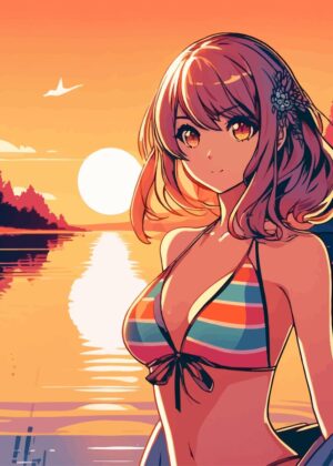 Anime Girl at Sunset by the Lake - Premium Wooden Framed Poster. Ready to Hang.