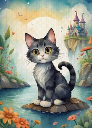 Adorable Anime Cat by the Lake: Fantasy Art Print - Premium Wooden Framed Poster. Ready to Hang.