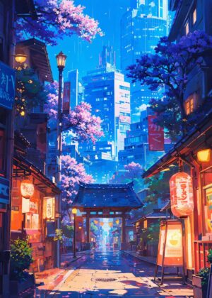 Tokyo Spring: A Vibrant Cityscape of Cherry Blossoms and Modern Architecture - Premium Wooden Framed Poster. Ready to Hang.