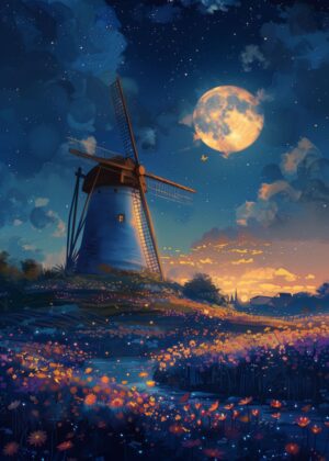 Windmill Anime Landscape: A Night of Tranquility - Premium Wooden Framed Poster. Ready to Hang.