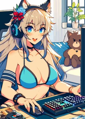 Anime Girl Gamer in Bikini - Premium Wooden Framed Poster. Ready to Hang.