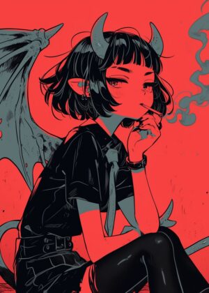 Crimson Demon Girl Art Print - Premium Wooden Framed Poster. Ready to Hang.