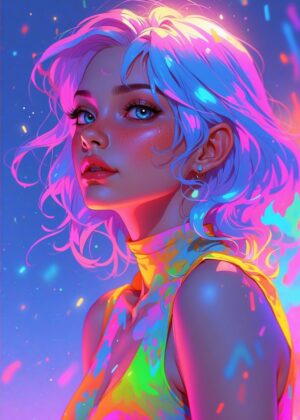 Girl Neon Wonderland: Vibrant Digital Art Print - Premium Wooden Framed Poster. Ready to Hang.