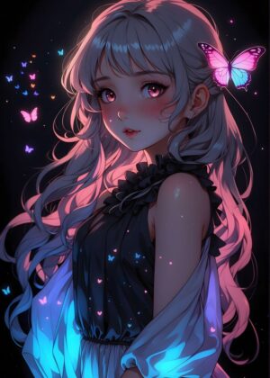 Anime Girl with Butterfly and Neon Lights - Premium Wooden Framed Poster. Ready to Hang.
