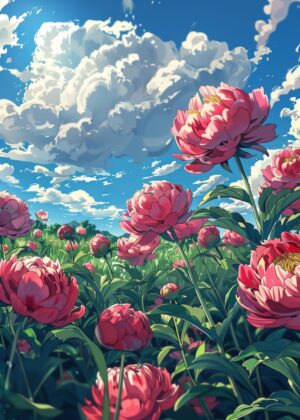 Anime Peony Field: Vibrant Spring Bloom - Premium Wooden Framed Poster. Ready to Hang.