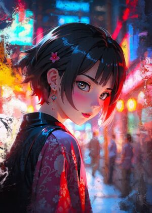 Cute Anime Girl in Vibrant Cityscape - Premium Wooden Framed Poster. Ready to Hang.