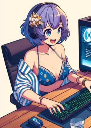 Anime Girl Gamer Art Print - Premium Wooden Framed Poster. Ready to Hang.