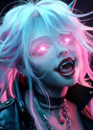 Anime Girl Vampire Boss: Neon Cyberpunk Art Print - Premium Wooden Framed Poster. Ready to Hang.