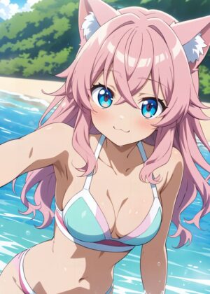 Anime Girl Beach Day Illustration - Premium Wooden Framed Poster. Ready to Hang.