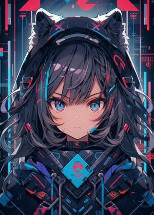 Cyberpunk Anime Girl: Digital Art Print - Premium Wooden Framed Poster. Ready to Hang.
