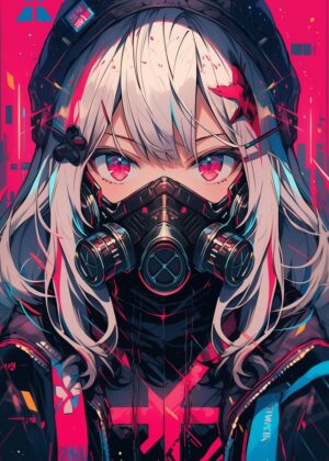 Cyberpunk Anime Girl: Vaporwave Aesthetic - Premium Wooden Framed Poster. Ready to Hang.